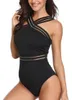 Kvinnors badkläder Kvinnors mage Kontrollera en bit baddräkter Front Crossover Slimming Mesh Bathing Suit