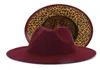Burgundia z lampartem patchwork wełna poczuła jazzowe czapki fedora dla kobiet mężczyzn Whole Wino Red Dwucie Panama Party Wedding Hat6843479