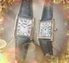 Lüks Kadın Erkekler Kare Roman Tank Kadran İzle 34mm 28mm Paslanmaz Çelik Kılıf Saati Clemence Deri kayış Lady Quartz Holwatch Valentine'nin Noel Hediyeleri