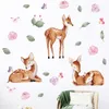 Akwarela 3 Sika Deers Flowers Zielone liście zwierzęta naklejki ścienne do pokoju dziecięcego pokoju dziecięcego pokój naklejki na ścianę dekoracje salonu