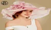 FS 2019 Pink Kentucky Derby Hat for Women Organza Sun Hats Flowers Elegant Summer Stora Wide Brim Ladies Wedding Church Fedoras Y21483252