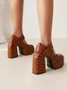 Dress Shoes Plaid Square Toe Ultra-High Thick Heel Pumps Breathable High-Heeled Waterproof Platform Buckle Retro Trend Women's