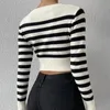 In the spring of 2023, the new womens sweater striped short paragraph was worn outside the sweater top.