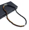 Collier ras du cou en pierre d'oeil de tigre naturelle pour hommes, collier de perles mixtes en acier inoxydable noir, cadeaux de surf pour lui JS032826484