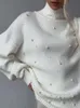 Moda turtleeck perłowy kabel dzianin pullover elegancki żebro sweter z długim rękawem zima ciepła zagęszcza dama luźna dzianina