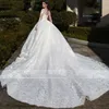 Elegant White Crewneck Tulle Long Sleeve Decal Beaded Bridal Maxi Wedding Dress for Women Cocktail Gown Vestidos De Novia