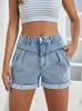 Kvinnors shorts benuynffy mitten av midja rullade upp hem denim kvinnor vintage lös veck front casual rak baggy jeans streetwear