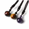 Colares Pingente Natural Cristal Lucky Beads Bênção 16mmTiger Olhos Ametista Pedra Para Mulheres Homens Ajustável Corda Trançada Cords
