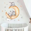 Alinéraux aquarelles Deux lapins jouant sur les autocollants muraux de lune d'or pour les enfants chambre bébé chambre pépinière décalcomanies murales à la maison