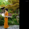 Этническая одежда Осеннее ретро с круглым вырезом Свободные платья Cheongsam с длинными рукавами Синий жилет с принтом Женское элегантное банкетное вечернее платье Qipao 3xl