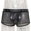 Underpants Men's Black Faux Leather Boxer Shorts Men Punk Transparent Fishnet Lingerie Zip Open Front Underwear Gay Panties