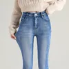 Женские джинсы, зимние зимние теплые плюшевые эластичные плотные шерстяные студенческие брюки, синие брюки в стиле ретро 231213