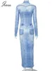 Vestidos casuais joskaa 3d denim impressão bodycon maxi vestido mulheres hipster sexy o-pescoço manga longa magro robe 2024 primavera harajuku streetwear