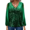 Bluzki damskie Bluzka z długim rękawem Elegancka cekinowa patchwork V Neck dla kobiet pusta lampion pullover miękka oddychająca sprężyna