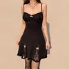 Casual Dresses Black Gothic Lolita Style Mini A-line Dress For Women Lace Trim Sleeveless V Neck With Bow Y2K Aesthetic Grunge Clothes