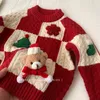 Autumn and Winter New Sweater for Girls Autumn and Winter Red Round Neck Christmas Striped Bear Top