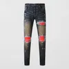 Męskie dżinsy streetwear projektant mody Mężczyźni retro ciemnoniebieski Elastyczne chude przycisk Fit Red Red Patched Hip Hop Brand Pants