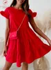Modisches Damen-Sommerkleid in A-Linie, einfarbig, Spleißarbeit, O-Ausschnitt, kurzärmelig, lockere Taille, Blumen-Minikleid 231213