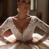 Stunningbride 2024 Роскошное бальное платье с вышивкой и кружевным шлейфом с v-образным вырезом Свадебные платья с аппликациями из бисера Свадебное платье принцессы с длинными рукавами