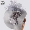 FS Imitation paille grand Derby fascinateur chapeau pour mariage femmes blanc fleur casque bandeau fantaisie plume course cheveux accessoire 2262h