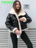 Women's Leather Faux Leather T MODA Women Fashion Thick Warm Faux Leather Shearling Jacket Coat Vintage Long Sleeve Flap Pocket Female Outerwear Chic Tops 231213