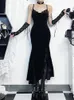 Casual Dresses AltGoth Elegant Vintage Velvet Dress Dark Gothic Halloween Bat High Waist Spaghetti Strap Emo Alternative Indie Clothes