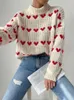 Kobiety Skusz Serce Jacquard Knit Sweter Kobieta moda luźna Lady rękaw