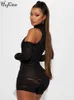 Women's Jumpsuits Rompers Hugcitar Mesh Black Long Sleeve Hollow Out See Through Zip Up Sexy Bodycon Playsuit 2023 Fall Fashion Streetwear Sport RomperL231212