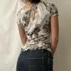 T-shirts pour femmes T-shirt à col français avec haut à manches à bulles en bois
