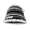 Berets Handmade Knit Stripe Beanie Hat For Woman Weaving Striped Plush Floppy Bucket Adult Teens Winter Fisherman Cap