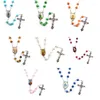 Chains Mary For Cross Pendant Necklace Rosary Round Glass Beads Women N2UE