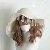 Szerokie brzegowe czapki lolitastyle słomy kapelusz dla kobiet dziewczęta eleganckie słońce sztuczne frędzle bonnet duże ręcznie tkaninowe odzież imprezową