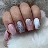 Faux ongles français paillettes rose couverture complète presse sur détachable long carré faux nials femmes filles