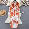 Abiti casual Elegante vintage per le donne Autunno scollo a V stampa floreale spacco laterale Tie-dye Femme pieghettato Vestido French Chic Woman Dress