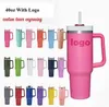 With Logo 40oz stainless steel tumblers Cups with handle straws Clear Frosted Lids Hot Pink Car mugs outdoor tumbler vacuum insulated drinking water bottles 1213