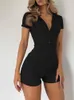 Jumpsuits voor dames, polokraag, sport, casual, gebreid, geribbeld, geribbeld, korte mouw