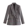 Damskie garnitury Blazers Autumn damskie 2023 Moda podwójna piersi Tweed Check Blazer Płaszcz Vintage Long Rleeve Pockets żeńska odzież wierzchnia 231213