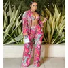 Women's Two Piece Pants LFRVZ 2023 Mature Chiffon Retro Overalls Full Sleeve Shirt Long Wide Leg 1 Bikini Top Loose Women 3 Set