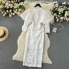 Runway Casual Dresses Luxury Design White Lace Dress Bubble Sleeve Splicing Embroidery Women Pink Floral Party Long Dresses vestidos mujer 2024