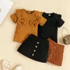 Girl Dresses Toddler Girls Short Sleeve Ribbed Bowknot Ruffles T Shirt Tops Skirt Outfits For School Teen Cute Born