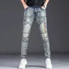 Jeans pour hommes Denim marque de mode conception mince Style moto fermeture éclair personnalisée artisanat motif rétro pantalons longs 2312012