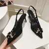 Slingback Stiletto каблук сандалии страза с кружевными сетчатыми ткани.