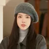 BERETS 2023 WINTER ATMOSPHERE MOHAIR KNIT BERET WOMAN GENTLE TIE ALL MATCHING FACE SMOLL PAINTER HAT BIG HEAD CAP