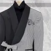 Men's Suits Fashion Embroidery Patchwork Suit Jacket Houndstooth Lace Korean Western Trend Blazer Casual Coat Men Strange Things Asymmetry