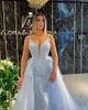 Dubai Arabic Light Sky Blue Prom Dresses With Detachable Train Sexy Spaghetti Straps Embroidery Lace Formal Occasion Party Gowns Long Mermaid Evening Dress CL3047