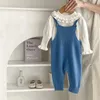 Rompers Miniainis Autumn Zima Baby Denim Blue Romper Girls Dziewczęta Pasek Det Detk Soksuit Chłopcy Długie Body Bodysuit Ubrania dla dzieci 231212