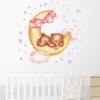 Adesivo de parede aquarela fofo de desenho animado, urso de pelúcia na lua, laço rosa, decalques de parede, quarto infantil, berçário de bebê, decoração de casa
