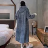 Women's Sleepwear Women Grey Flannel Long Button Bathrobe Sleeve Pajamas Winter Coral Fleece Hooded Nightgown