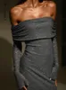 基本的なカジュアルドレス肩からエレガントなスパンコールマキシスカートの女性2023秋の春の長袖ラッシュレームパーティードレス231213