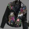 Schicke Damen-Jacke aus Kunstleder mit Blumen- und Paillettenstickerei, kurzer Lokomotiv-PU-Mantel, Diamanten, Perlen, Umlegekragen, Reißverschlüsse, Streetwear 231212